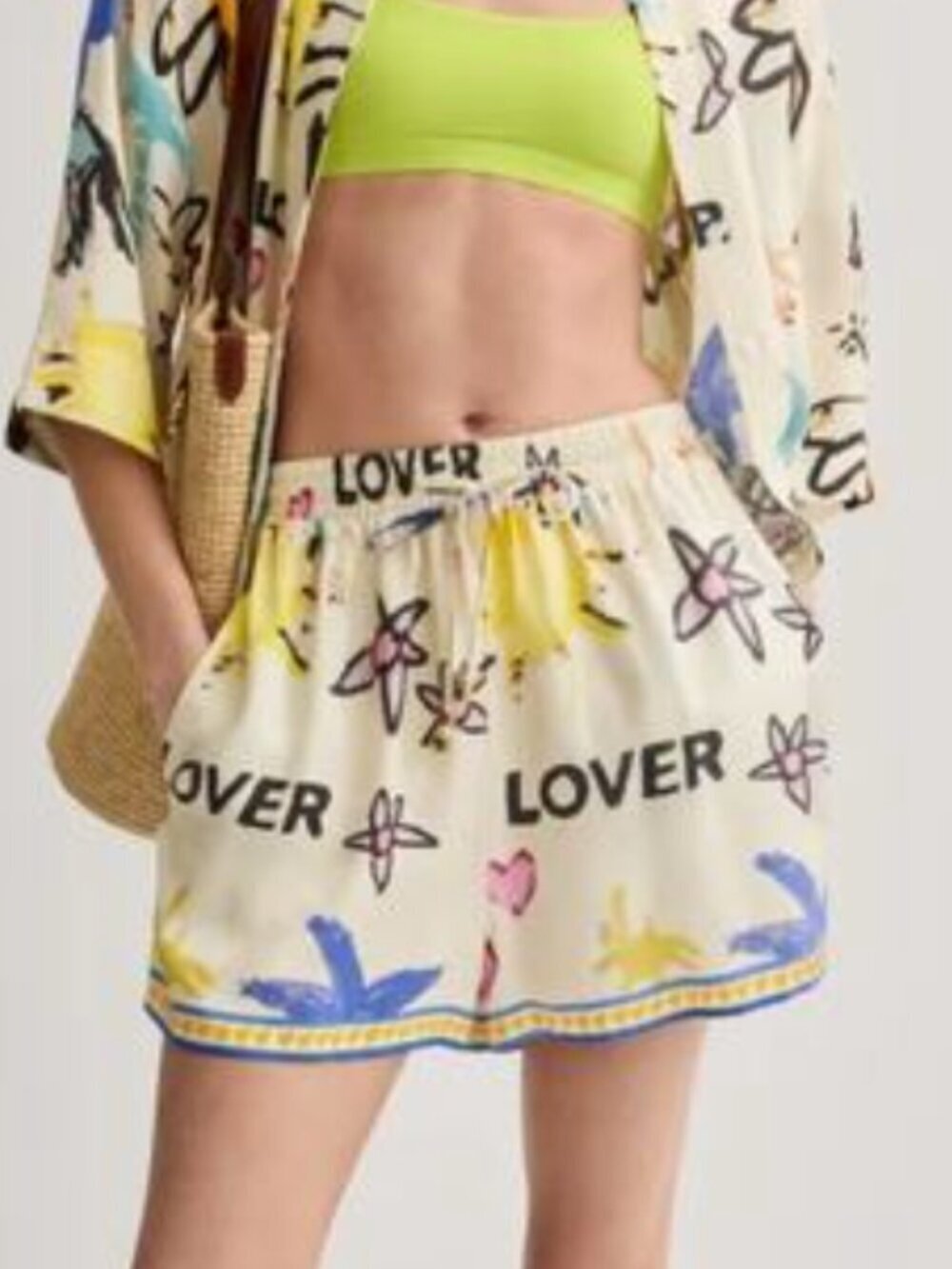 ROMY Lover Shorts Graphic Print Pull On Tie Waist Relaxed Fit Multicolor Small